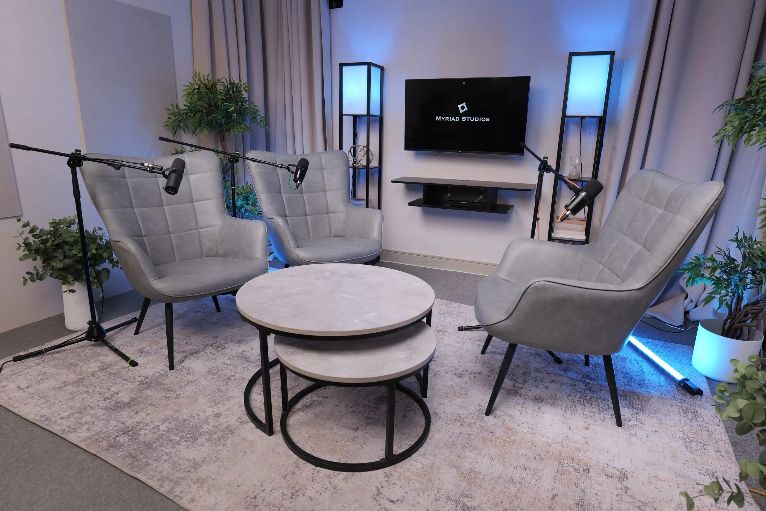 Room 1 v2 (Grey chairs) podcast set at Myriad Studios, view 1 of 6