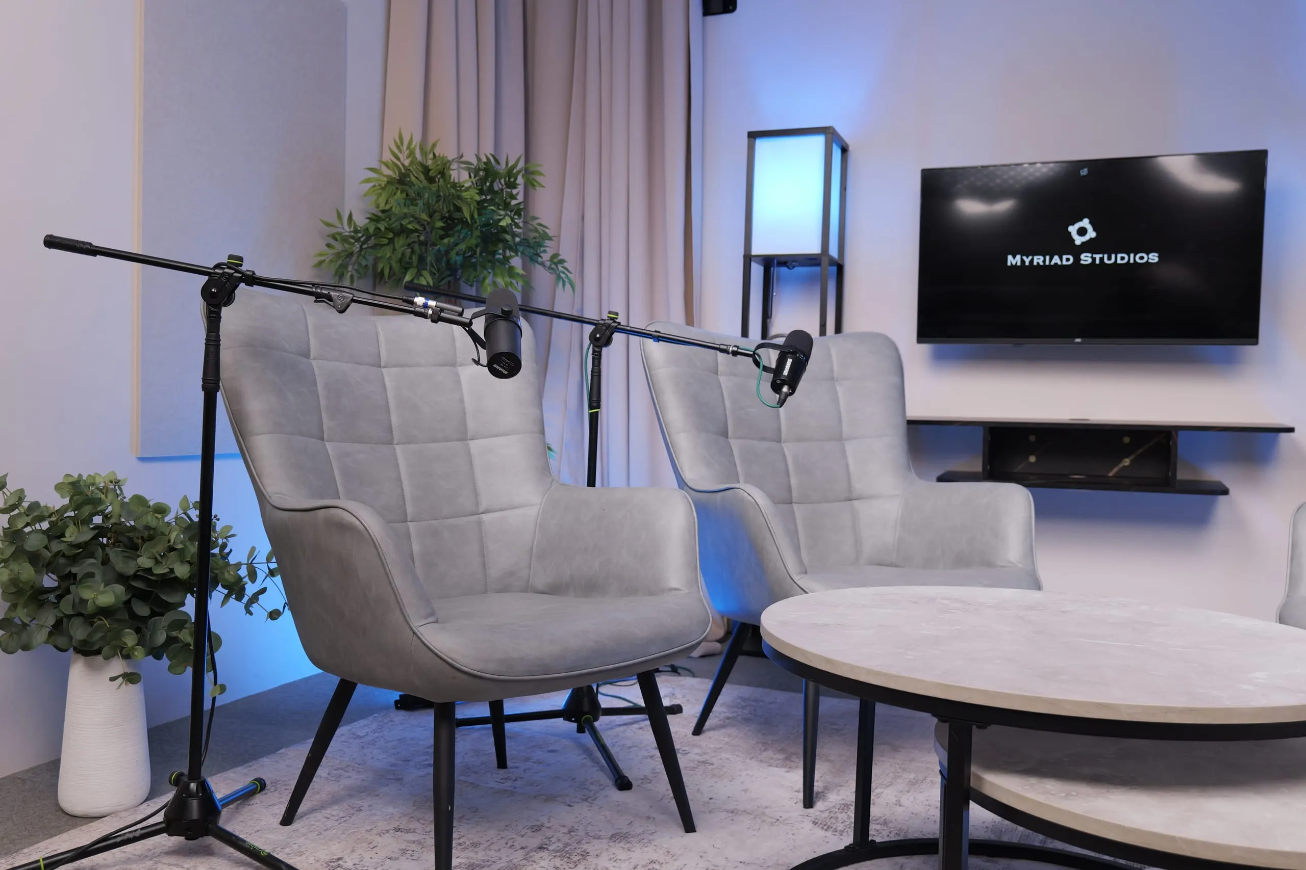 Room 1 v2 (Grey chairs) podcast set at Myriad Studios, view 2 of 6