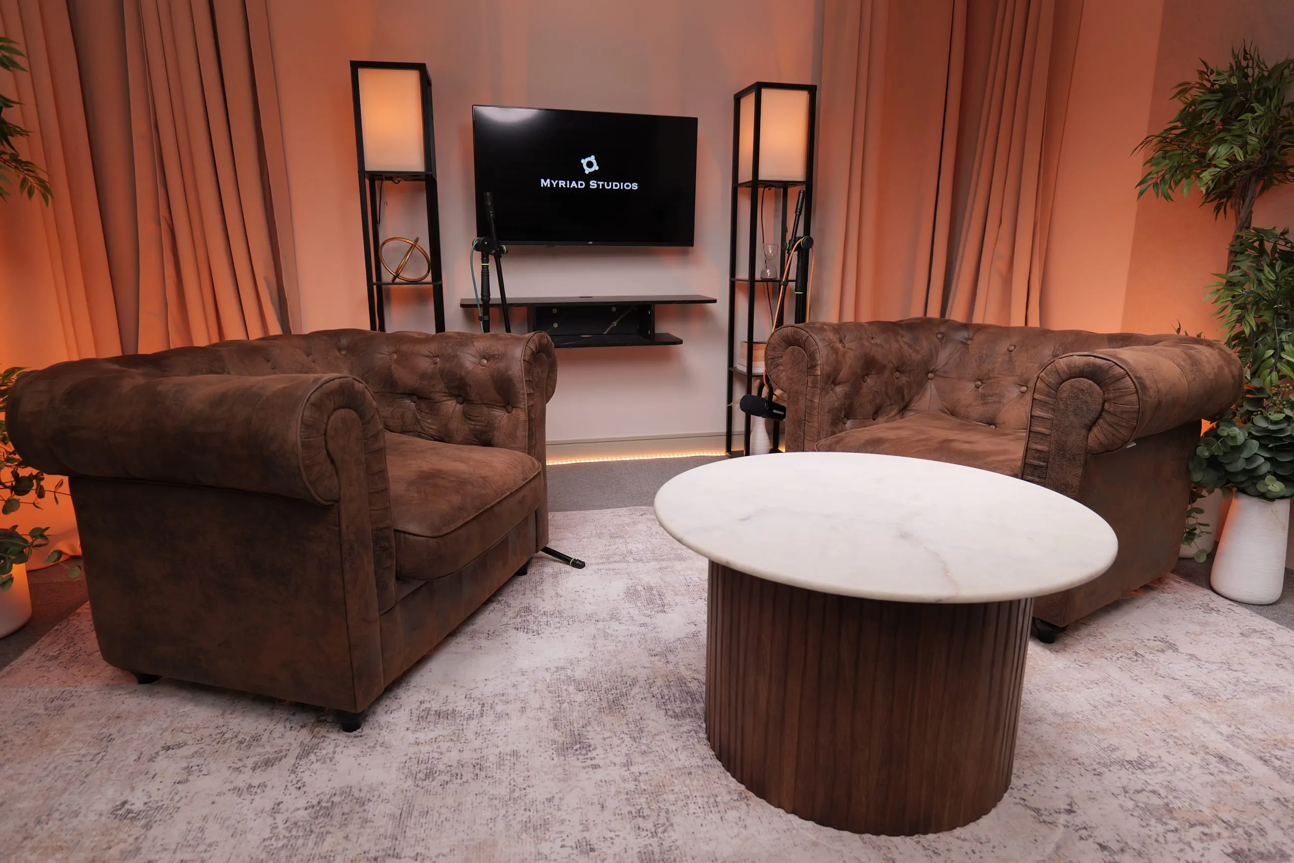 Room 1 (Chesterfields) podcast set at Myriad Studios, view 2 of 8