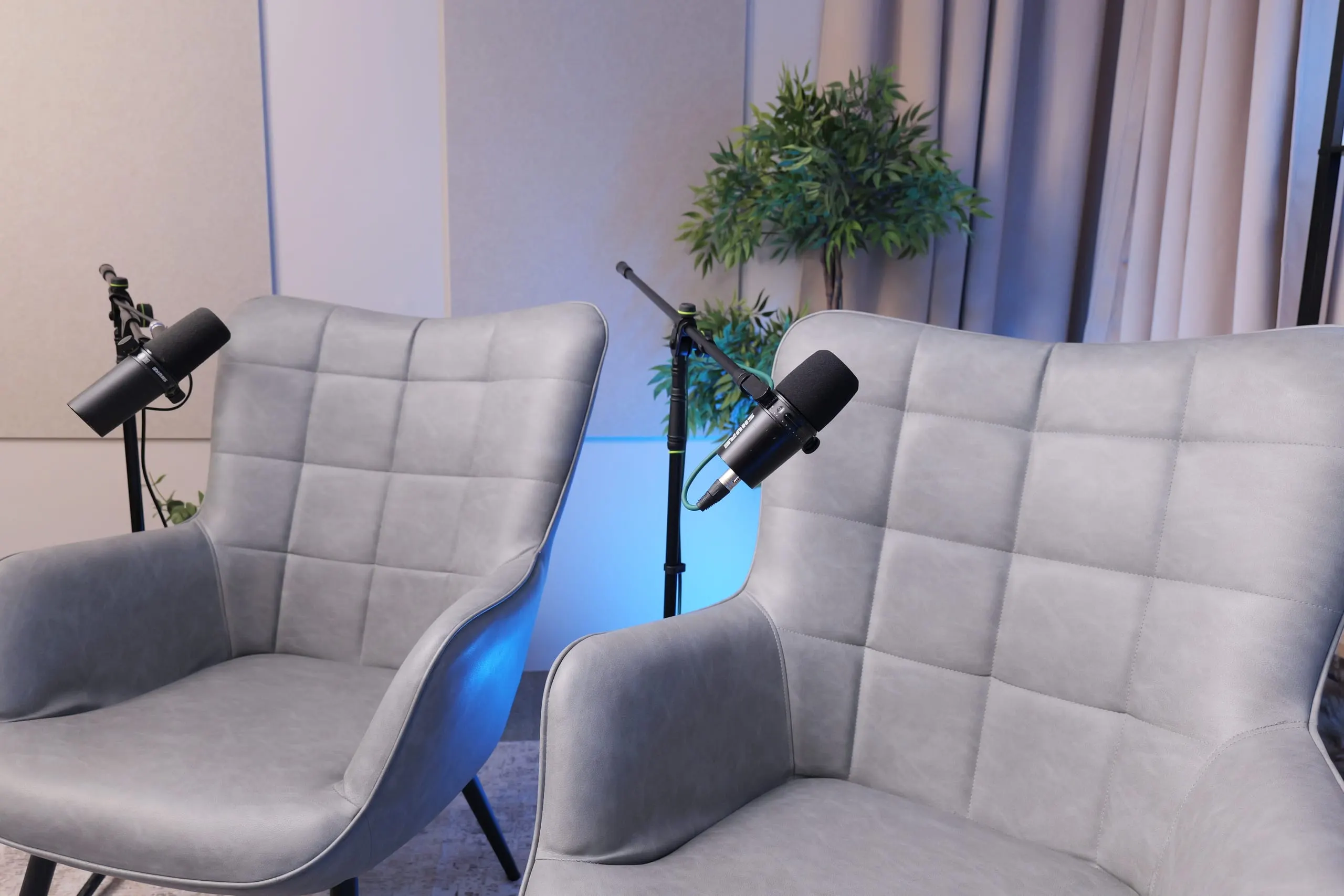 Room 1 v2 (Grey chairs) podcast set at Myriad Studios, view 4 of 6