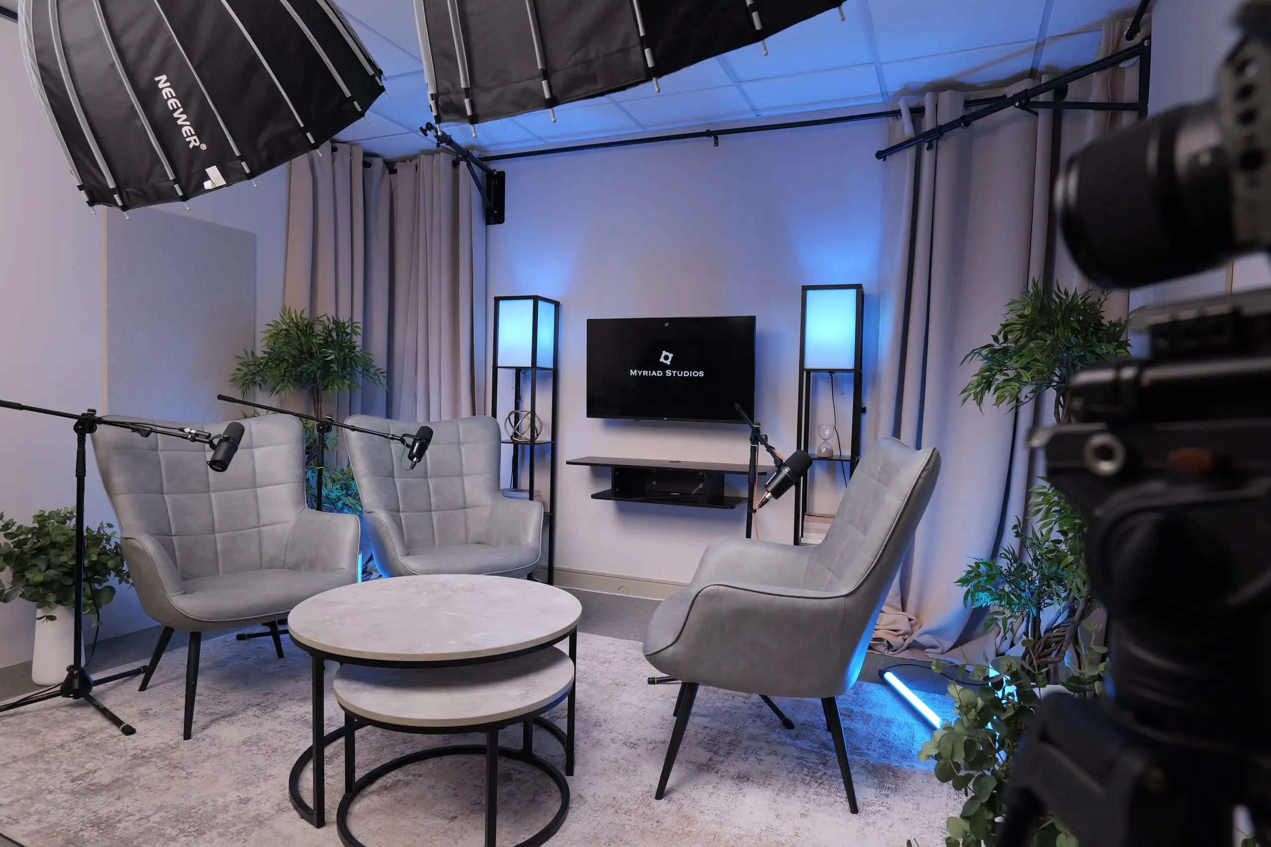 Room 1 v2 (Grey chairs) podcast set at Myriad Studios, view 6 of 6