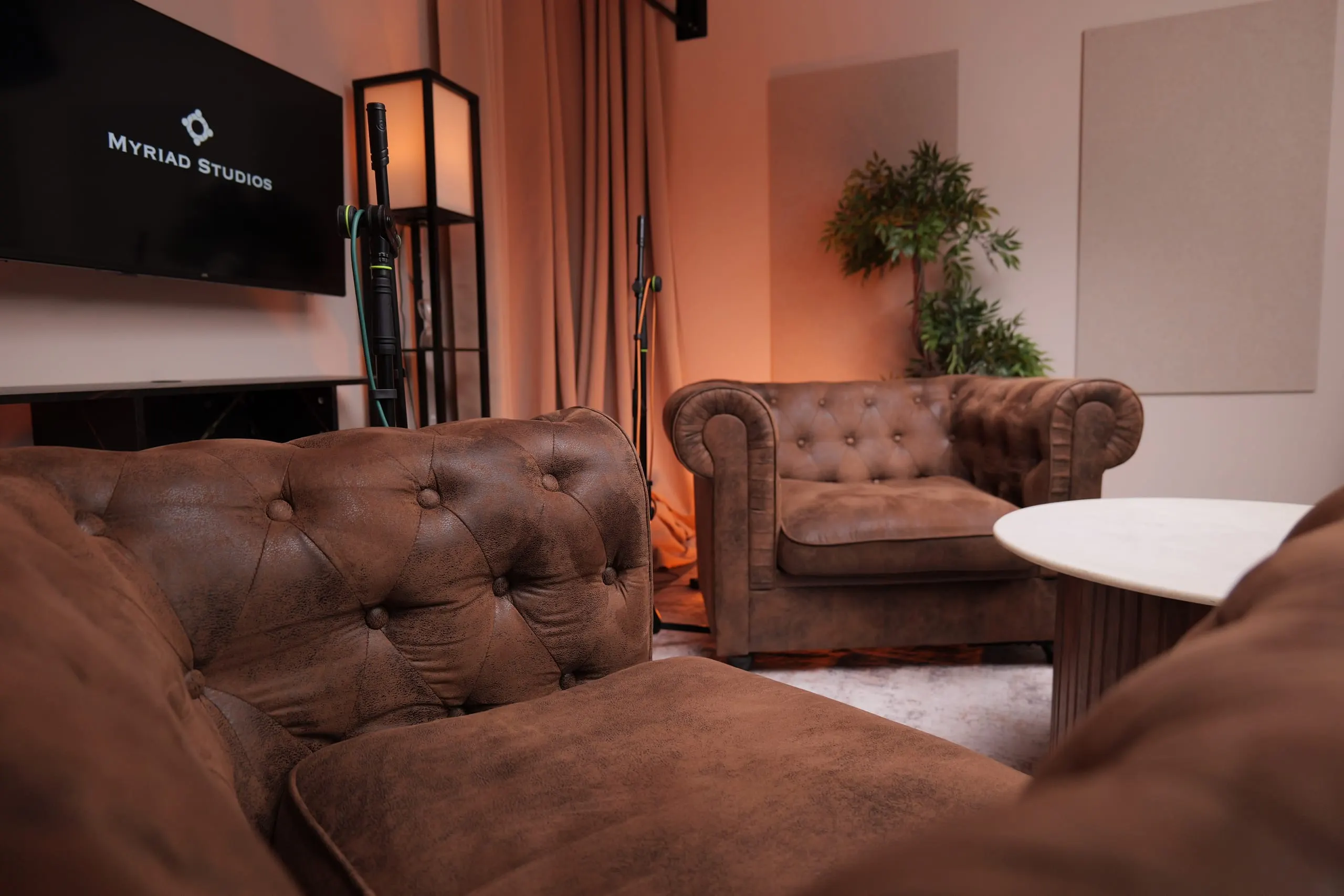 Room 1 (Chesterfields) podcast set at Myriad Studios, view 6 of 8